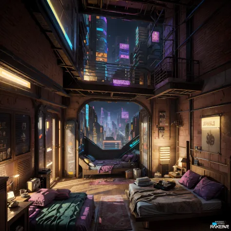 This is a cyberpunk fantasy image. Generate a cozy bedroom surrounded by a cyberpunk city. The bedroom serves as an oasis in the...