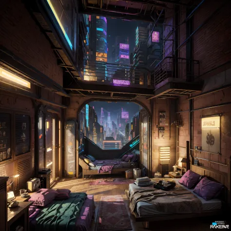 this is a cyberpunk fantasy image. generate a cozy bedroom surrounded by a cyberpunk city. the bedroom serves as an oasis in the...