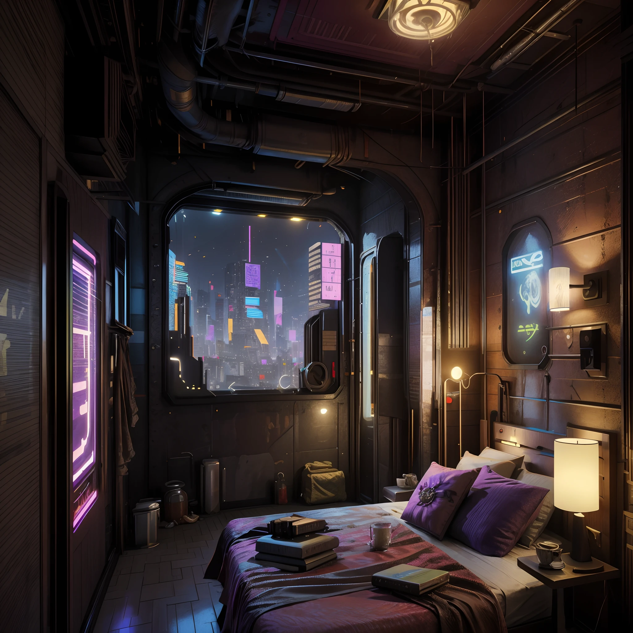 This is a cyberpunk fantasy image. Generate a cozy bedroom surrounded by a cyberpunk city. The bedroom serves as an oasis in the middle of a chaotic cyberpunk city. The bedroom has windows. Through the bedroom's windows the colorful, very detailed, and beautifully complex cyberpunk cityscape is visible. The image should be dynamic and compelling and realistic. (((masterpiece))), (((best quality))), ((ultra-detailed)),(highly detailed CG illustration)