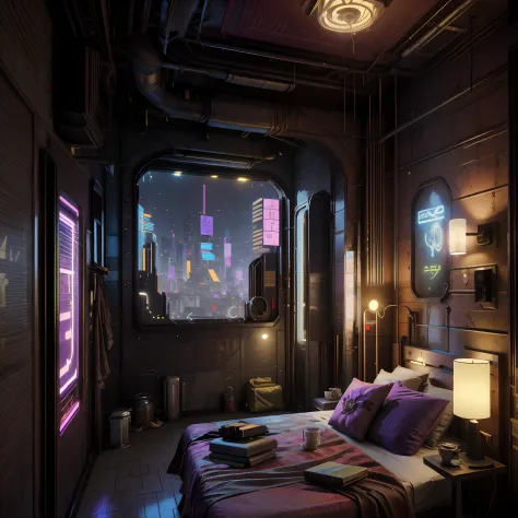 This is a cyberpunk fantasy image. Generate a cozy bedroom surrounded by a cyberpunk city. The bedroom serves as an oasis in the...