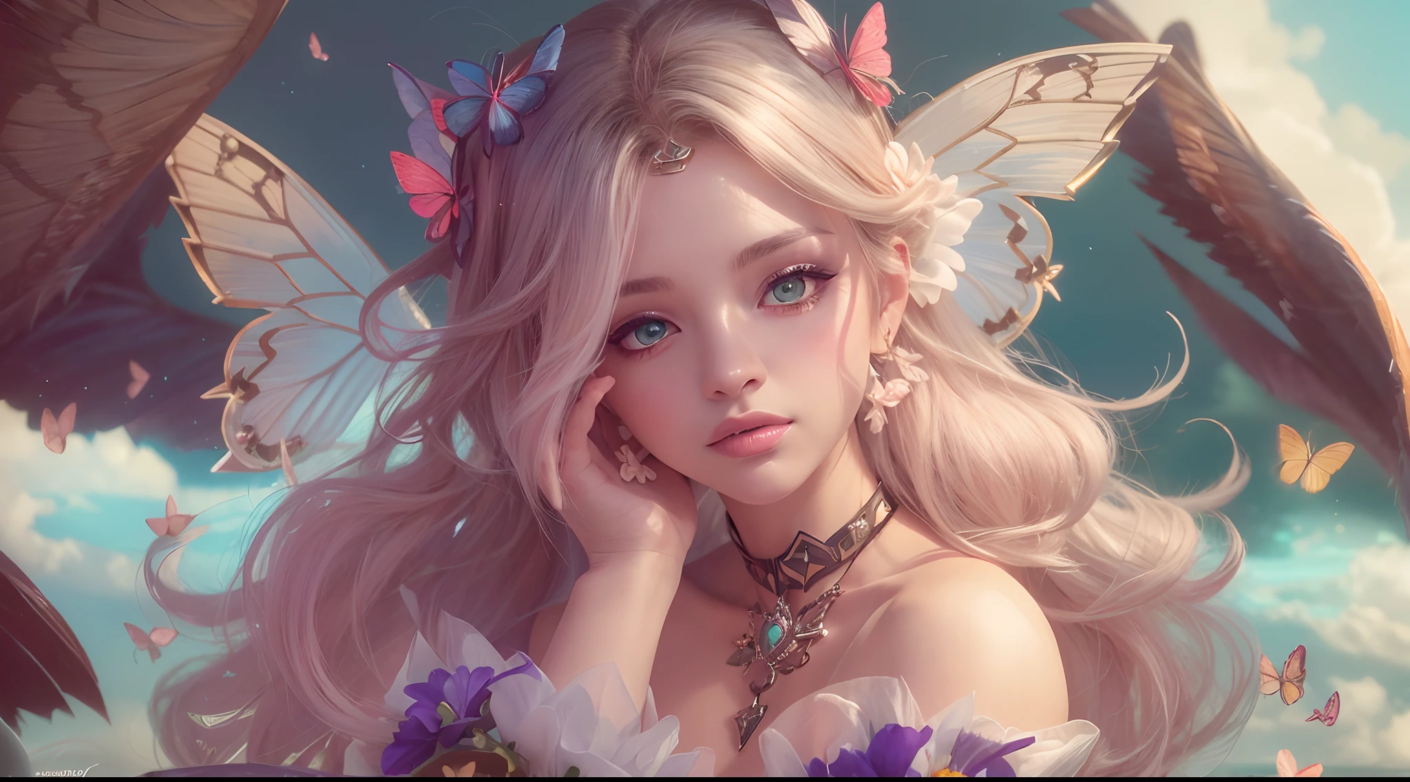 (a best, high-quality, 4k, 8k, high-res, masterpiece:1.2), 1 girl, intricately detailed, off-shoulder, mini skirt, necklace, ruffled hem, sheer fabric, peeking, blushing cheeks, butterfly wings, sitting on a cloud, blurred background, floral patterns, lost in thought, from League of Legends, as K/DA Kaisa.