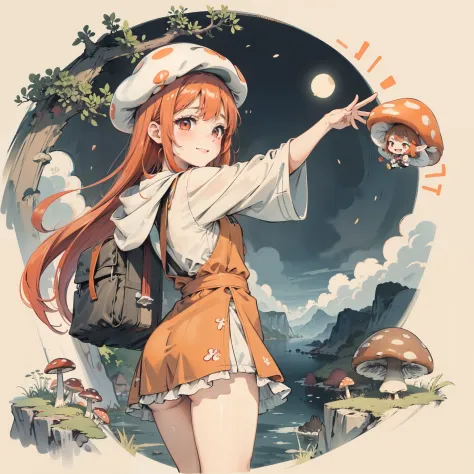 1girll, Orange hair, Red eyes, dress, (Solo:1.3),Simple drawing, Mushrooms and girls, Cute, Big smile, Mushrooms + Mushrooms + M...