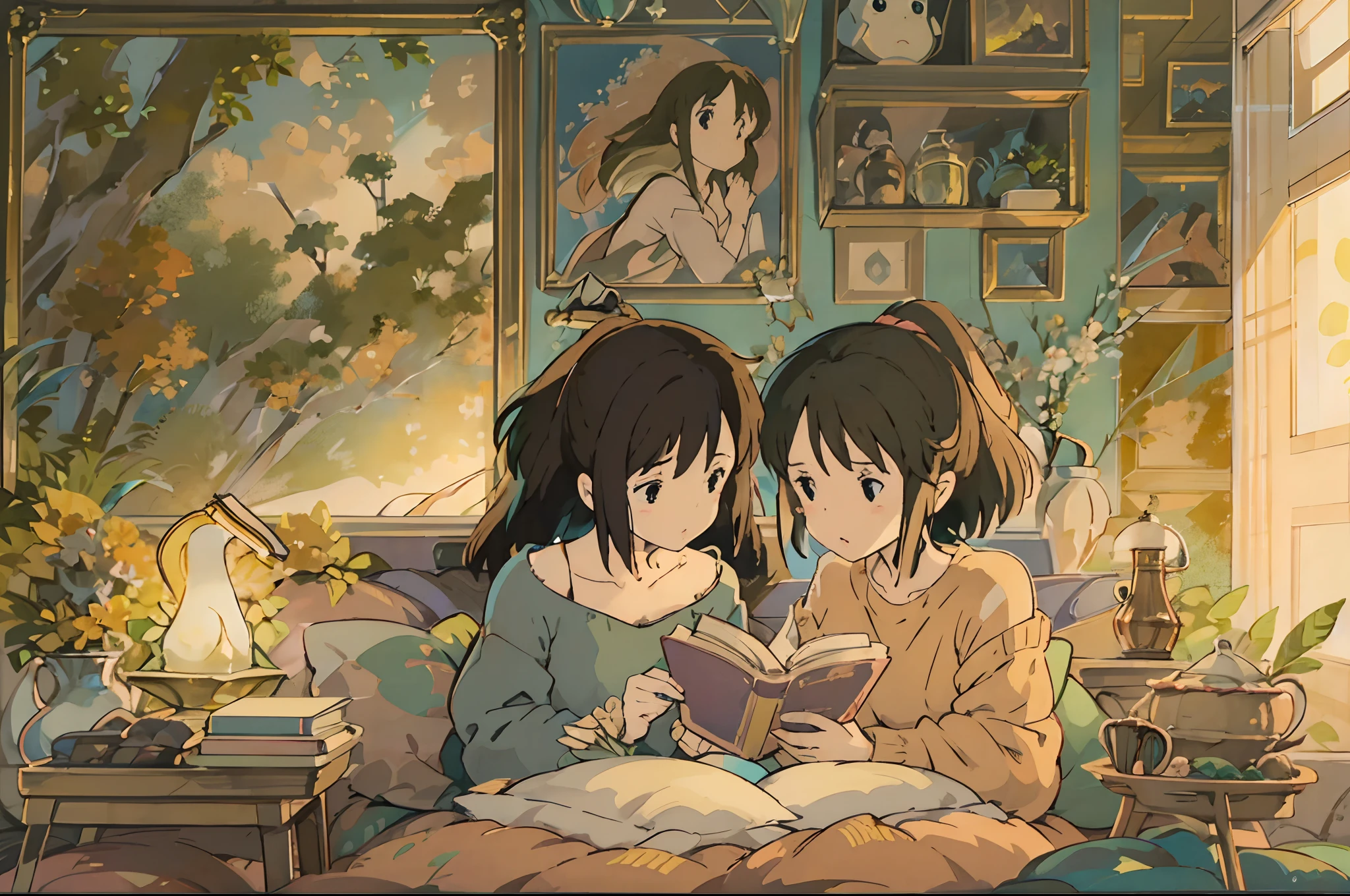 Una ilustración digital de 2 niñas completamente absortas leyendo en una cómoda cama., inspirado en el estilo de Hayao Miyazaki. La obra de arte debe estar llena de detalles encantadores y cautivadores., irradiando un toque de fantasía. Las chicas deberían tener hermosas, Ojos cautivadores que son intrincadamente detallados., así como unos labios maravillosamente delicados. La escena debe ser visualmente atractiva., presentando un ambiente acogedor y atractivo. La ilustración debe crearse utilizando varios medios., como la ilustración digital, para mejorar el efecto visual general. La atención al detalle debe ser notable., garantizar que cada elemento se represente con la máxima precisión. La imagen debe poseer una calidad extremadamente alta., con una resolución de 4K u 8K, y ser una obra maestra por derecho propio. El estilo de la obra de arte debe capturar la esencia de las reconocidas obras de Hayao Miyazaki., presentando una mezcla única de imaginación, contar historias, y visuales vibrantes. Los colores utilizados deben ser cálidos y atractivos., creando un ambiente relajante y acogedor. La iluminación debe representarse hábilmente., iluminando la escena de una manera suave y gentil. En general, La ilustración debería transportar a los espectadores a un mundo de maravillas y magia., donde podrán sumergirse plenamente en el placer de leer. La combinación del estilo icónico de Miyazaki, Detalles encantadores, tonos cálidos, y un toque de fantasía deberían unirse para crear una obra de arte impresionante y cautivadora..