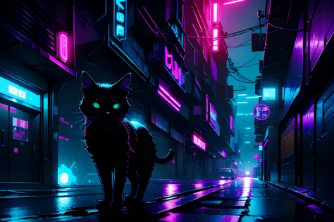 neon, cyberpunk, night, nocturnal, cat,