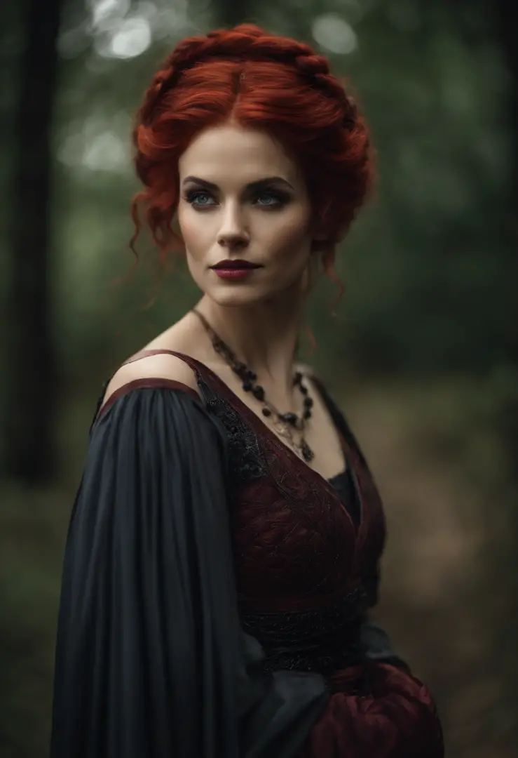 estilo rpg medieval, bruxa bonita de meia-idade, with a short red-gray hair tied behind in a bun, very pale skin, usando um vestido roxo e preto medieval, segurando uma cobra