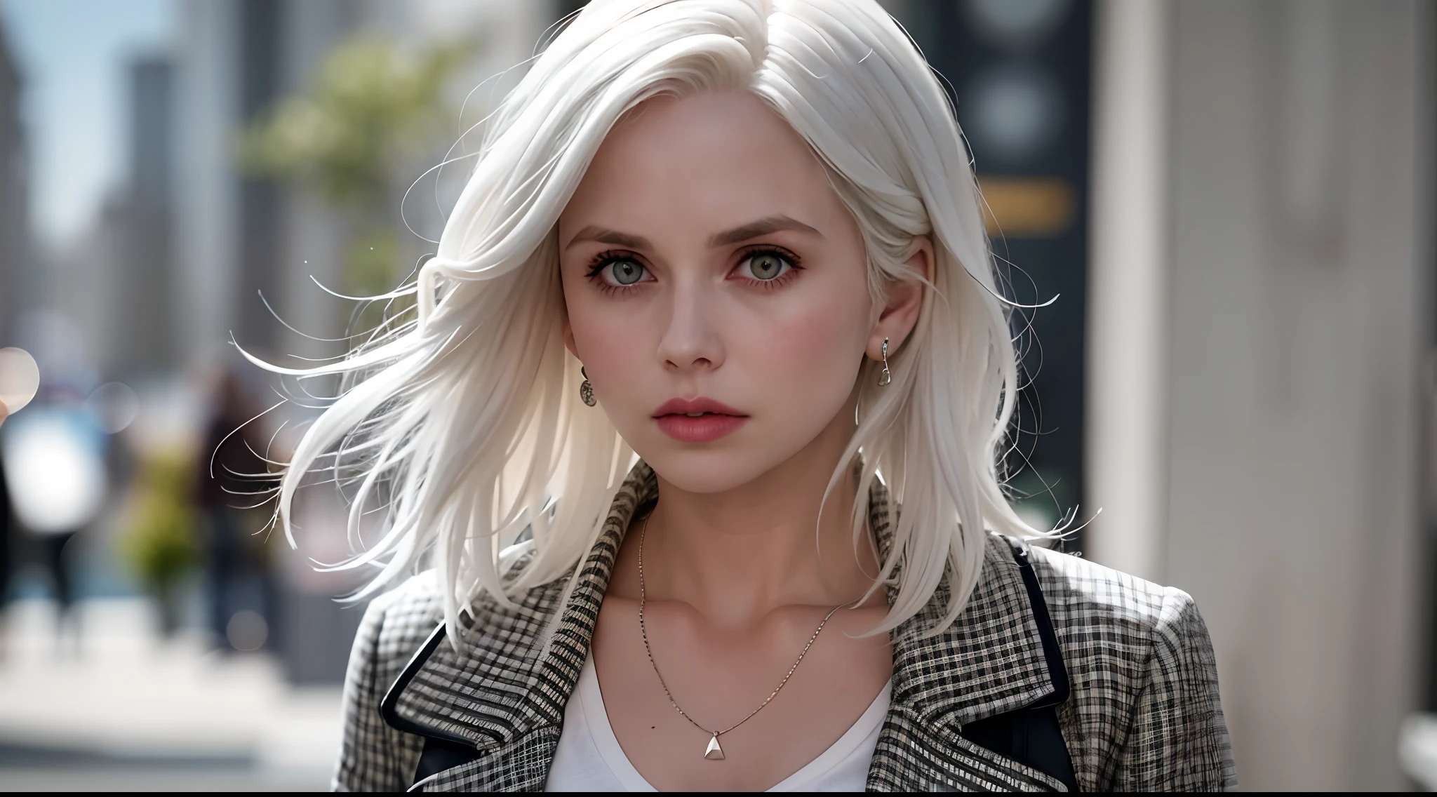 liv moore, 1girl, solo, blonde hair, white hair, jewelry, jacket, necklace, parted lips, blurry, realistic, upper body, blurry background, shirt, looking at viewer, open jacket, meme, open clothes, grey shirt, long hair, lips