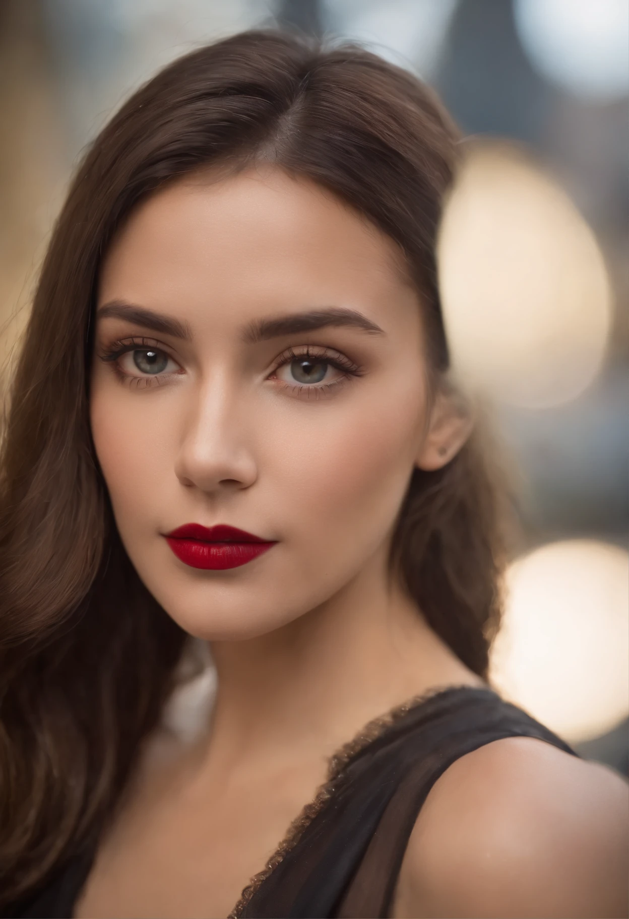 A close up of a woman with a red lipstick and a black dress - SeaArt AI