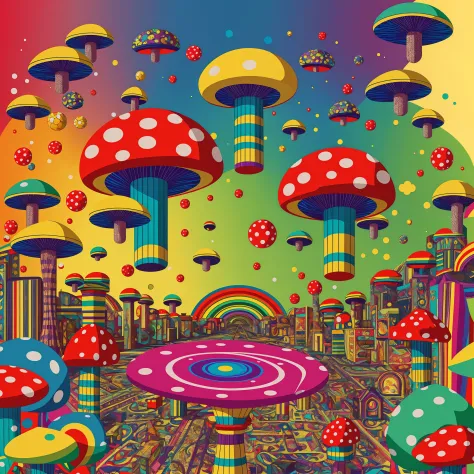 Vector Print in the Psychedelic Style: mario mushroom, rainbow, vibrant colors, assemblage, abstract shapes, mind-blowing scener...