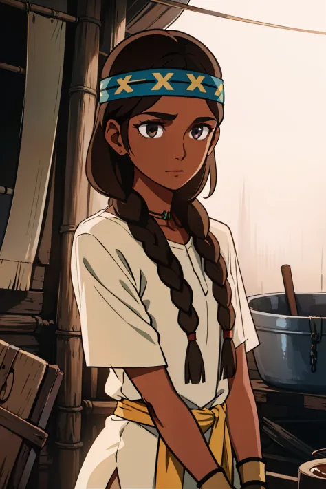 1girl, chiko \(the dagger of kamui\), dark skin, brown hair, head bandanna, indian clothes,