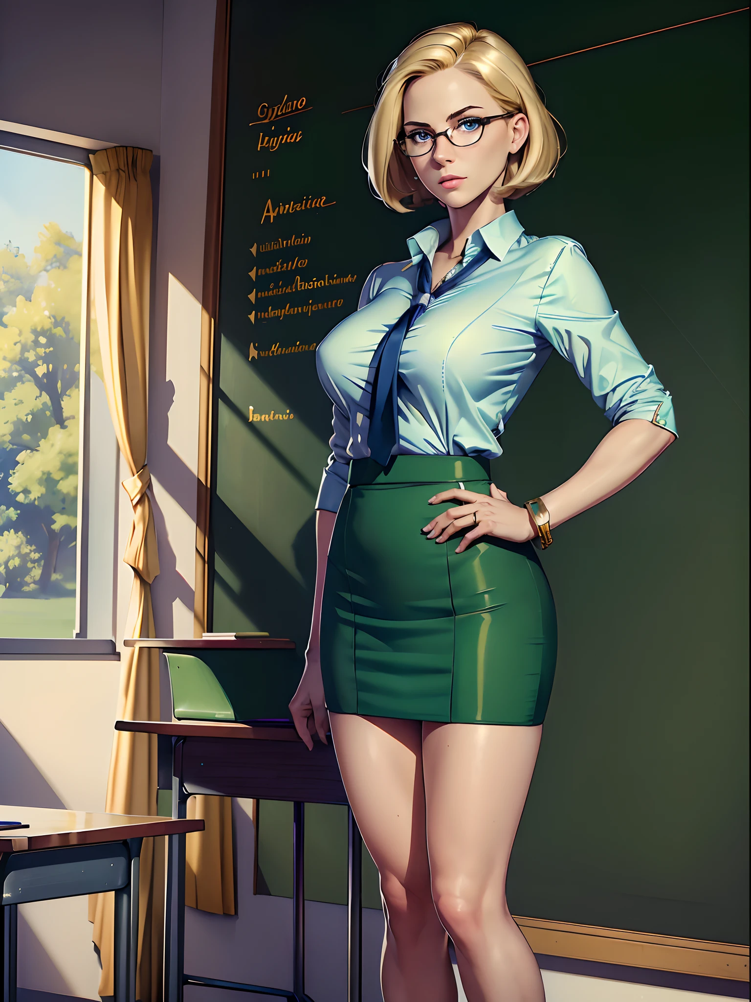 ((best quality)), ((masterpiece)), ((ultra realistic)), (dynamic heroic pose), american blonde, beautiful detailed face, detailed eyes, sexy teacher, dressed in a green suit, pencil skirt, classroom backdrop, highly detailed, professional, bare legs, (full body), hand on hip, bob hair, short hair, blue eyes, matching shoes, standing, solo, tied up hair, glasses