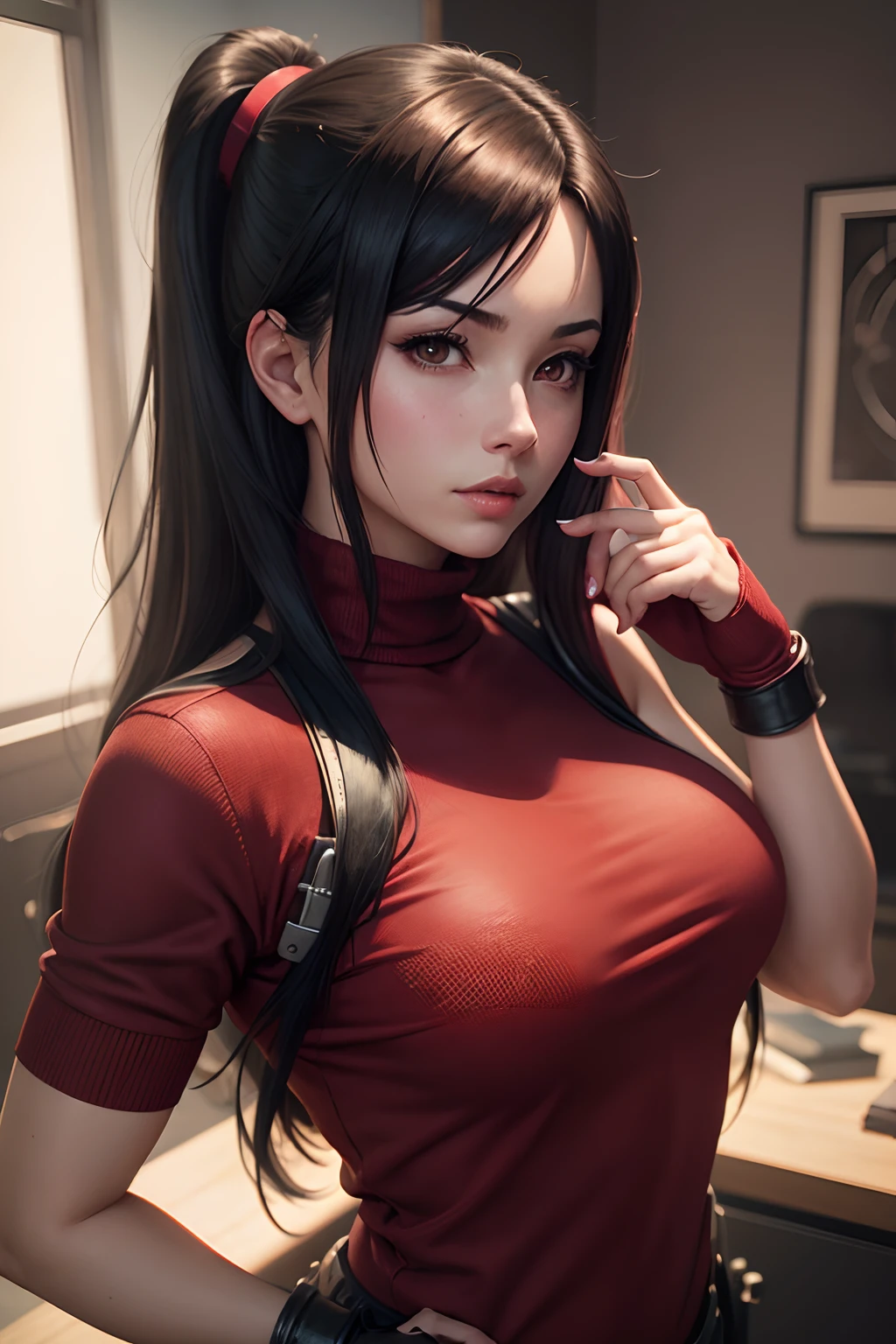 Anime girl in red sweater holding a key in her hand, Retrato de Tifa ...