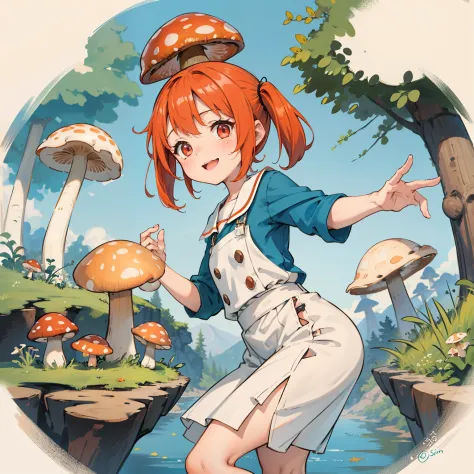 1girll, orange hair, red eyes, dress, (solo:1.3),simple drawing, mushrooms and girls, cute, big smile, mushrooms + mushrooms + m...