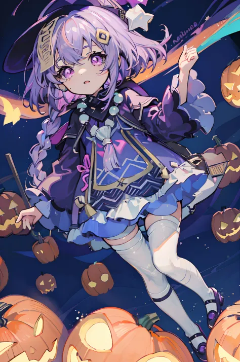 1 child girl, light purple hair, dark purple hat, magenta eyes, purple and blue outfit, long white socks, at the pumpkin patch, halloween, pumpkins, scary night