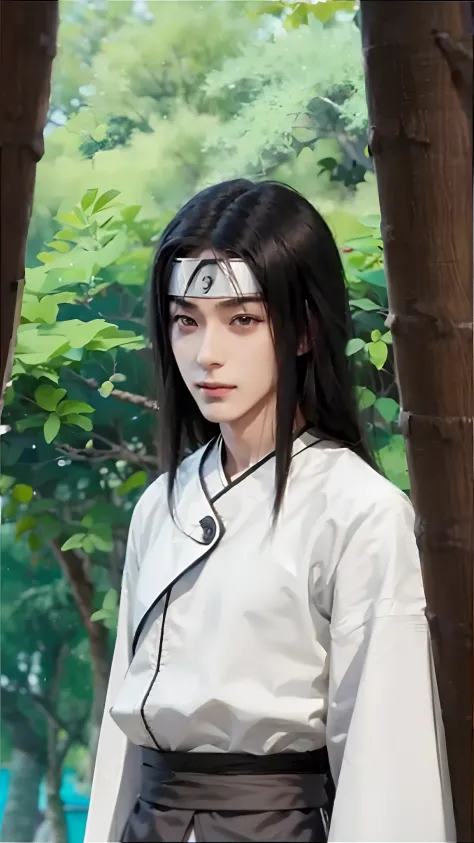1male, hyuga neji in anime naruto shippuden, long hair , black hair, white byakugan eyes, handsome, smile, white clothes, realistic clothes, detail clothes, beach city background, ultra detail, realistic