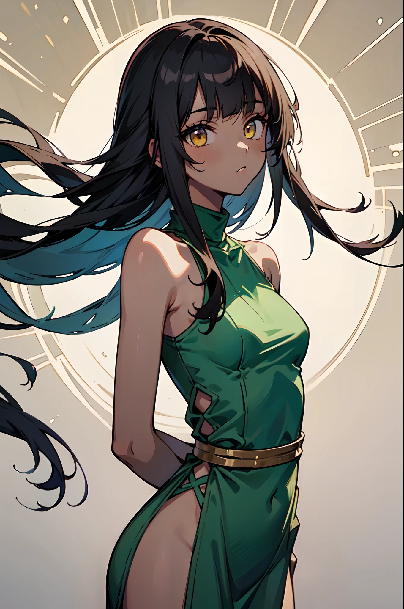 1girl, solo, teen, cute petite girl, (dark skin:1.25), black hair, (long hair, big hair), ((hime cut, blunt bangs, blunt sidelocks)), hair flowing down, messy hair, straight hair, yellow eyes, glowing eyes, egyptian clothes, colorful dress, (jade green dress, golden accesories), old fashioned clothes, (smallbreasts), inexpressive, neutral, standing, hands behind back, looking at viewer, (upper body), (impressionism, starry night, abstract background, floating), masterpiece, best quality, 16k