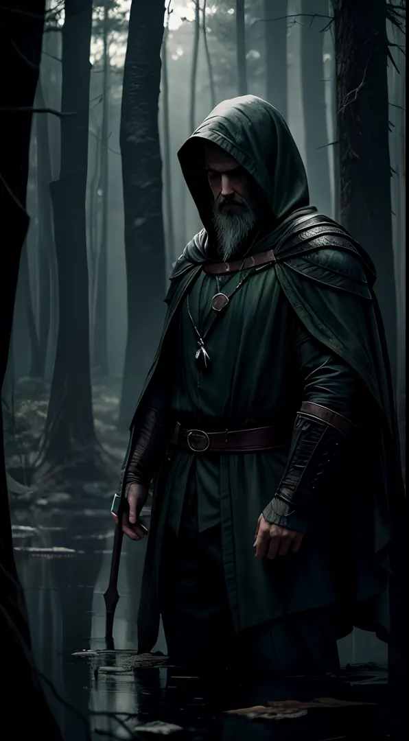 a hooded witcher in the swamp, black and green color scheme, cinematic, white beard, 4k, depth, night, dark, horror