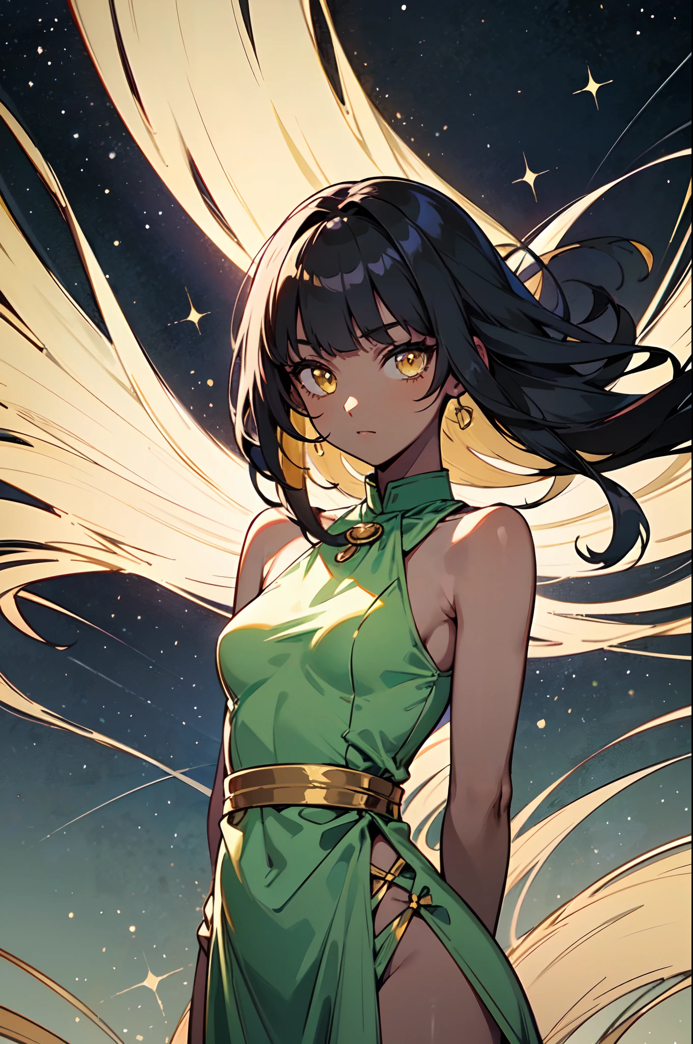 1girl, solo, teen, cute petite girl, (dark skin:1.3), black hair, (long hair, big hair), ((hime cut, blunt bangs, blunt sidelocks)), hair flowing down, messy hair, straight hair, yellow eyes, glowing eyes, egyptian clothes, colorful dress, (jade green dress, green dress, pelvic courtain, gold accesories, golden accesories), old fashioned clothes, (small breasts), inexpressive, neutral, standing, arms down, arms behind back, looking at viewer, (upper body, face focus), (impressionism, starry night, abstract background, floating), masterpiece, best quality, 16k