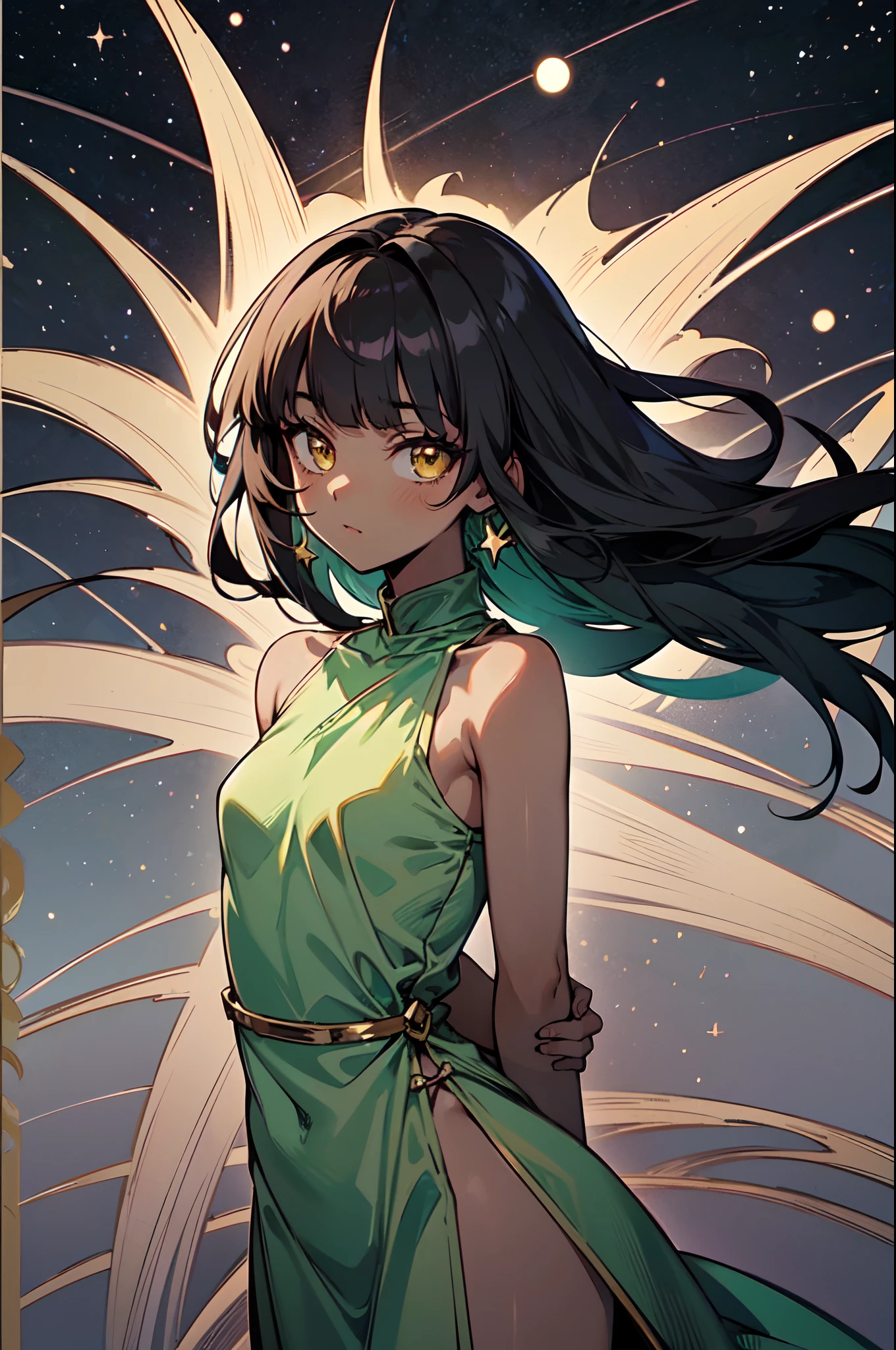 1girl, solo, teen, cute petite girl, (dark skin:1.3), black hair, (long hair, big hair), ((hime cut, blunt bangs, blunt sidelocks)), hair flowing down, messy hair, straight hair, yellow eyes, glowing eyes, egyptian clothes, colorful dress, (jade green dress, green dress, pelvic courtain, gold accesories, golden accesories), old fashioned clothes, (small breasts), inexpressive, neutral, standing, arms down, arms behind back, looking at viewer, (upper body, face focus), (impressionism, starry night, abstract background, floating), masterpiece, best quality, 16k