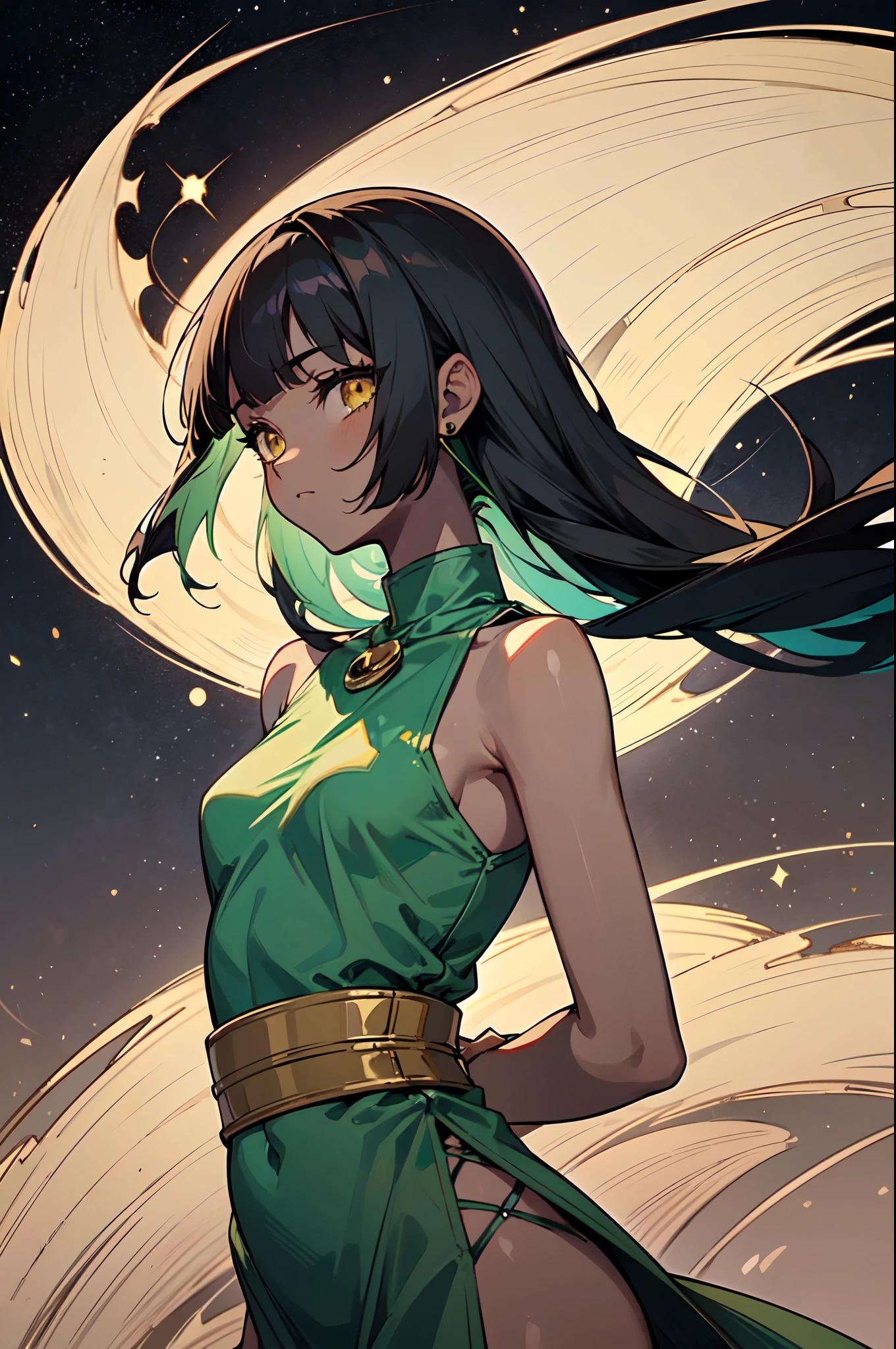 1girl, solo, teen, cute petite girl, (dark skin:1.3), black hair, (long hair, big hair), ((hime cut, blunt bangs, blunt sidelocks)), hair flowing down, messy hair, straight hair, yellow eyes, glowing eyes, egyptian clothes, colorful dress, (jade green dress, green dress, pelvic courtain, gold accesories, golden accesories), old fashioned clothes, (small breasts), inexpressive, neutral, standing, arms down, arms behind back, looking at viewer, (upper body, face focus), (impressionism, starry night, abstract background, floating), masterpiece, best quality, 16k