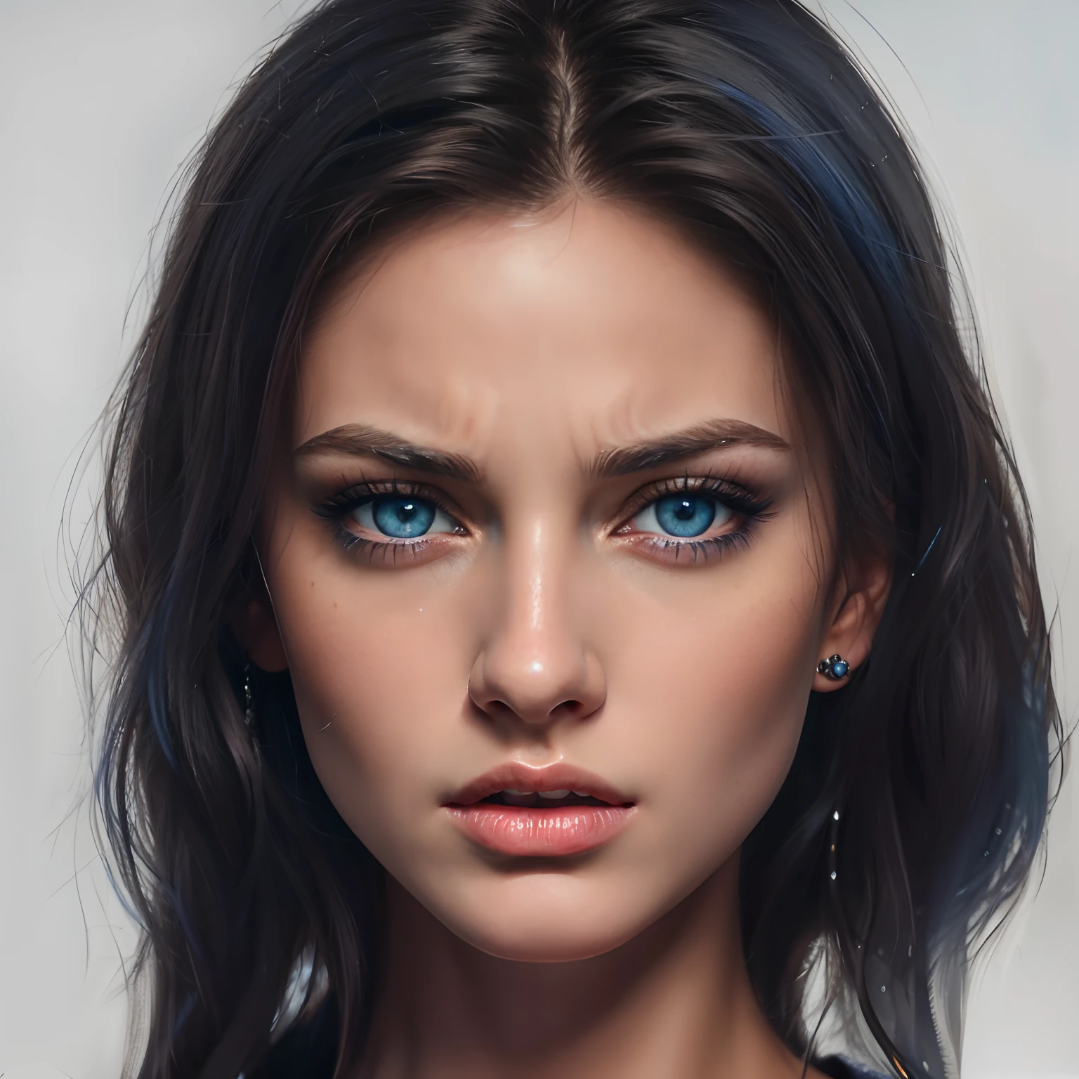 Close-up of woman with blue eyes and black top, realistic beautiful ...