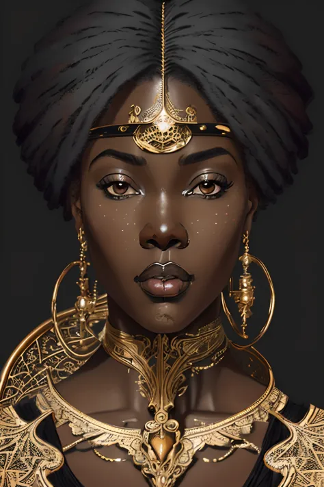 a digital illustration of black african woman in the style of Art Nouveau, steampunk, anime, pretty face, large scale, realistic...