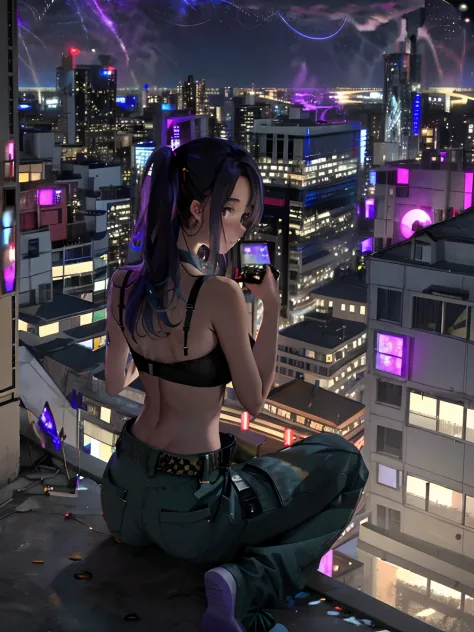 (noite) Cute girl on top of a building wearing baggy pants and bra watching the horizon and reflecting on how society has come t...