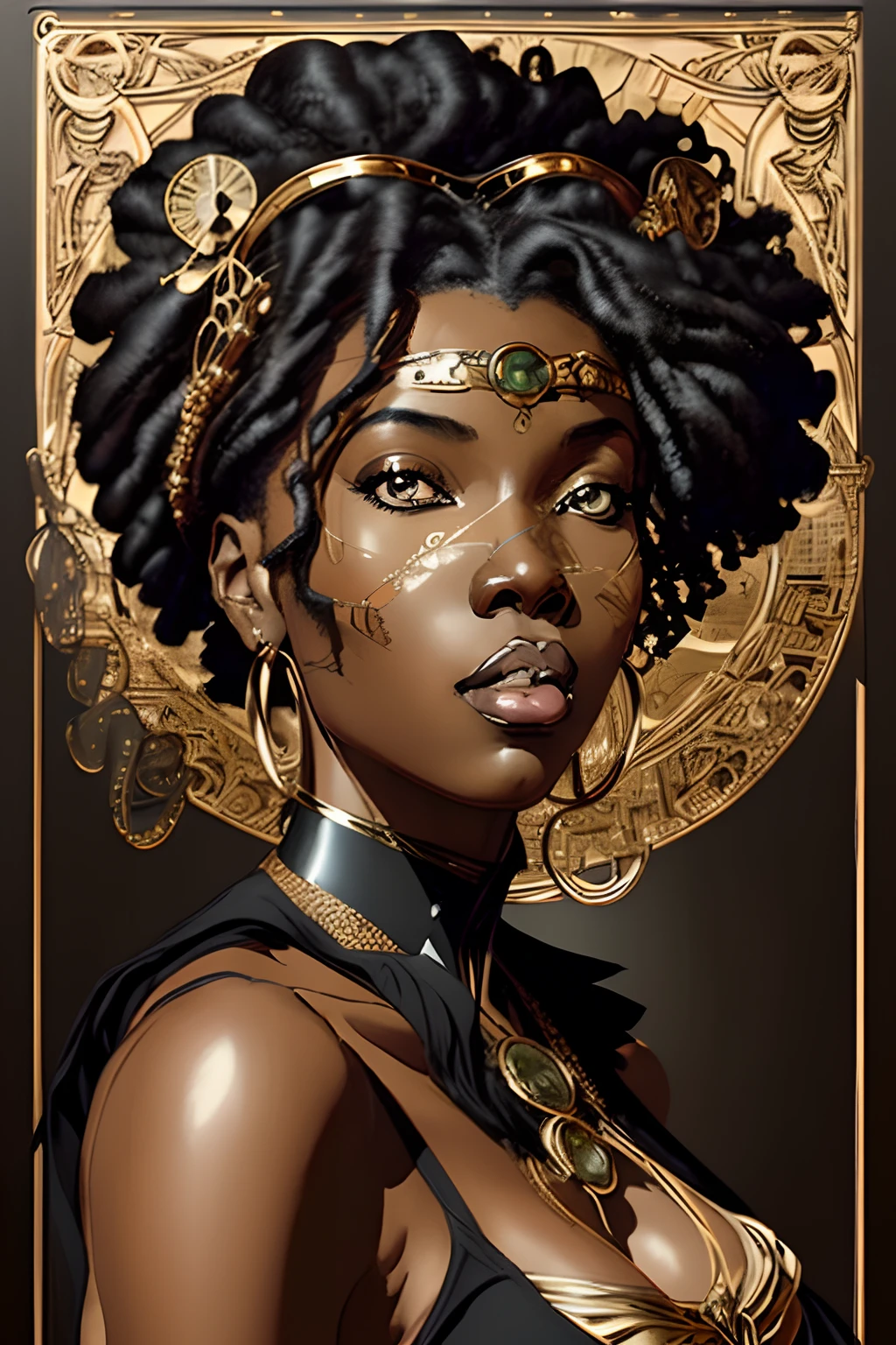 a digital illustration of black african woman in the style of Art Nouveau, steampunk, anime, pretty face, large scale, realistic proportions, highly detailed, smooth, sharp focus, 8k, ray tracing, digital painting, concept art illustration, by artgerm, trending on artstation, sony a1