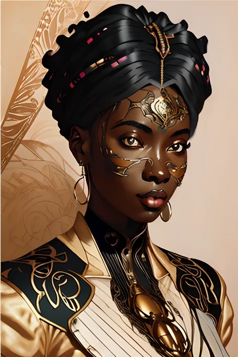 a digital illustration of black african woman in the style of Art Nouveau, steampunk, anime, pretty face, large scale, realistic...