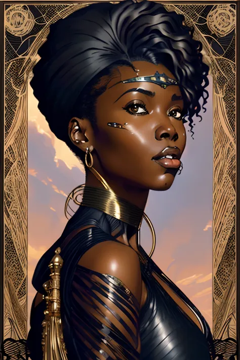 a digital illustration of black african woman in the style of Art Nouveau, steampunk, anime, pretty face, large scale, realistic...