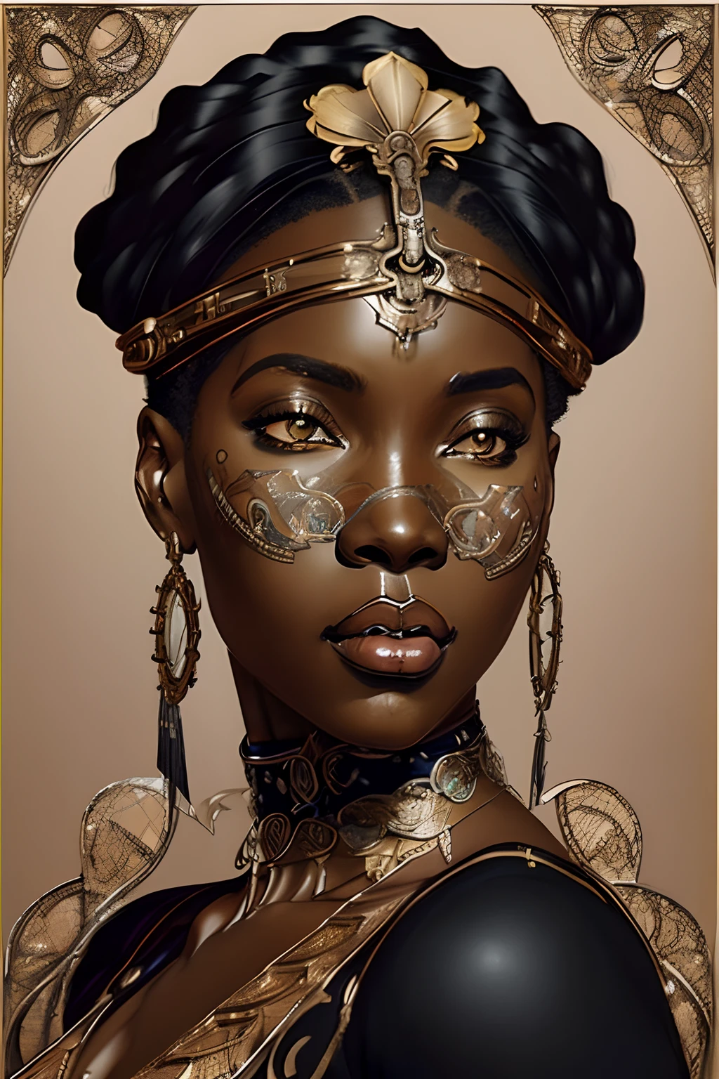 a digital illustration of black african woman in the style of Art Nouveau, steampunk, anime, pretty face, large scale, realistic proportions, highly detailed, smooth, sharp focus, 8k, ray tracing, digital painting, concept art illustration, by artgerm, trending on artstation, sony a1