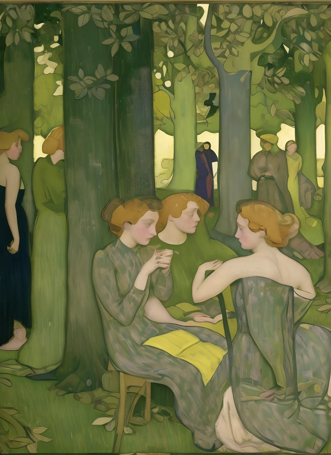 pintura de um grupo de pessoas sentadas em uma floresta com árvores, Dirigido por: Maurício Denis, Dirigido por: Carlos Angrand, inspirado em Maurício Denis, Dirigido por: Paulo Ranson, Dirigido por: Jan Toorop, Dirigido por: Felice Casorati, Dirigido por: Georges Lemmen, Dirigido por: Édouard Vuillard, Dirigido por: Aristide Maillol, Dirigido por: Robert Bevan, Dirigido por: Rupert Coelho