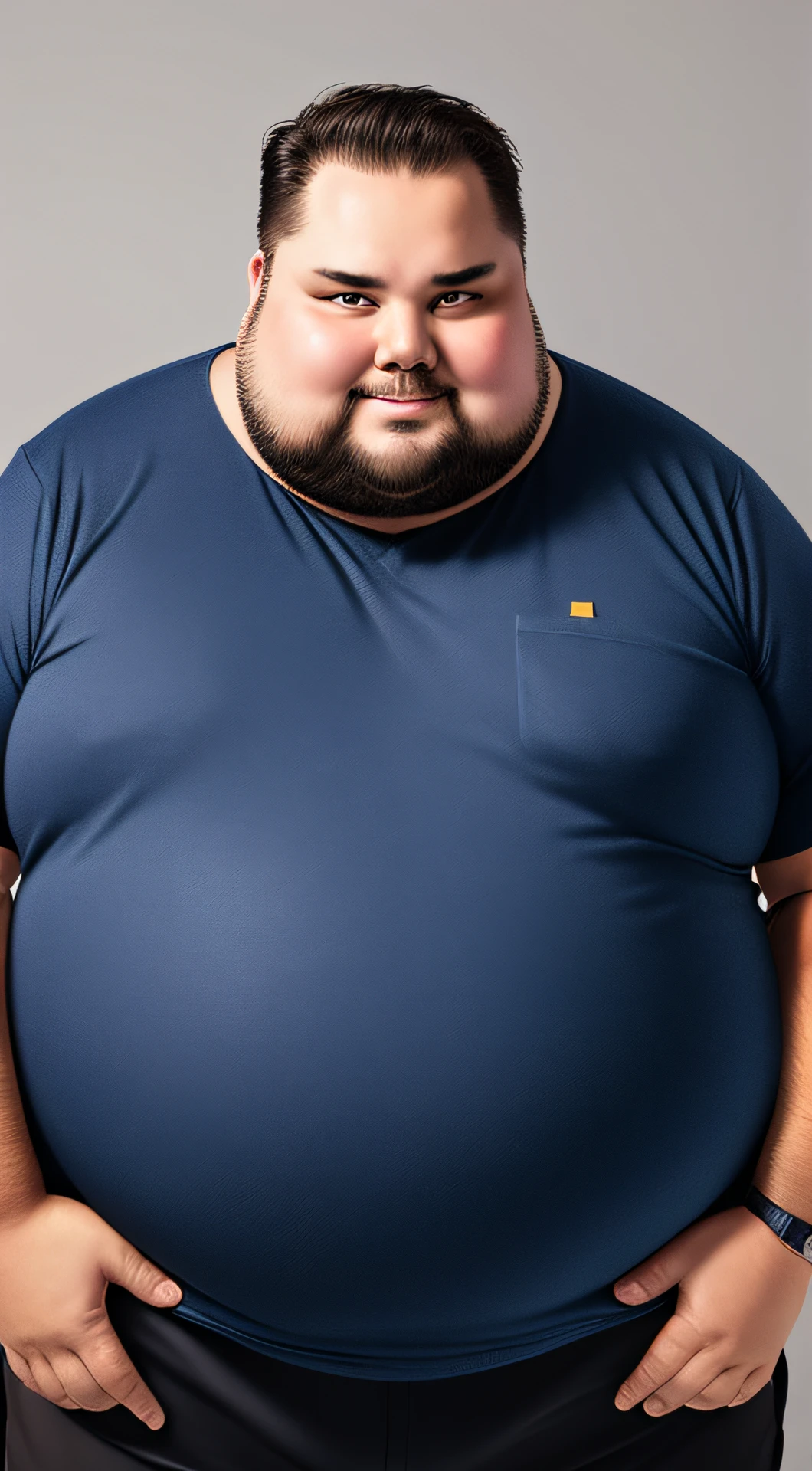 A close up of a man with a big belly and a blue shirt - SeaArt AI