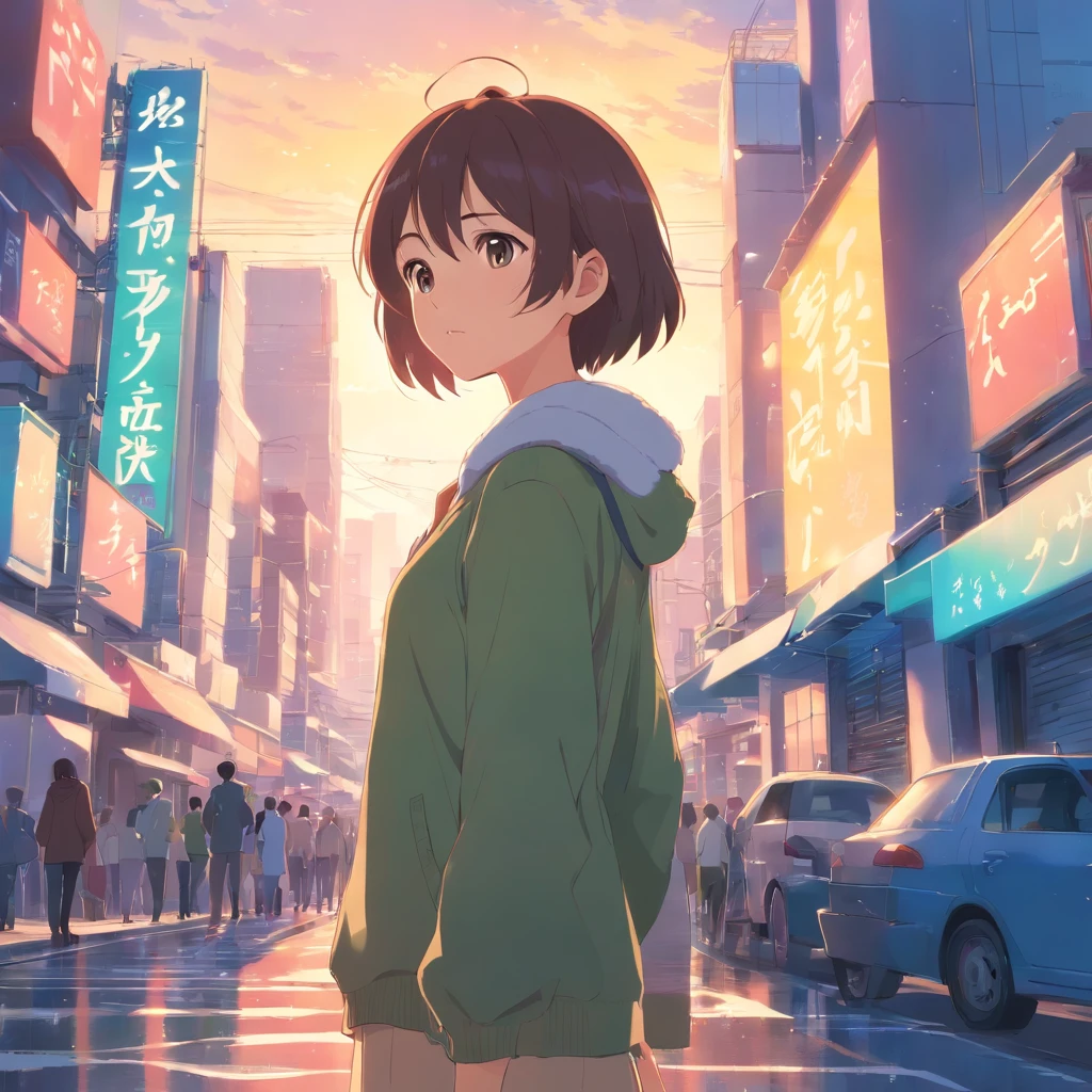 Anime Girl Girl Porn - Anime girl in green jacket standing on street with cars and buildings -  SeaArt AI