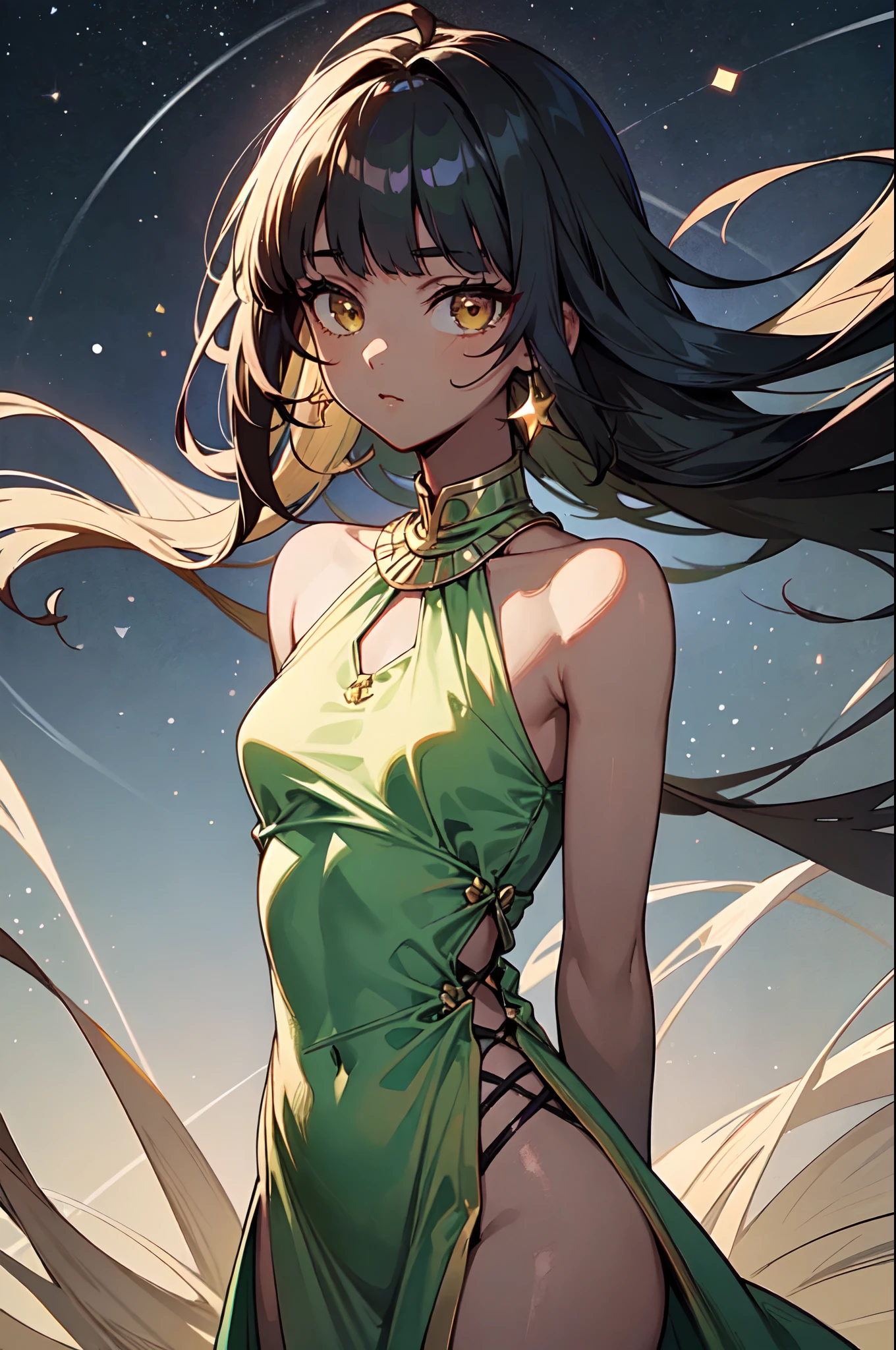 1girl, solo, teen, cute  girl, (dark skin:1.3), black hair, (long hair, big hair), ((hime cut, blunt bangs, blunt sidelocks)), hair flowing down, messy hair, straight hair, yellow eyes, glowing eyes, egyptian clothes, colorful dress, (jade green dress, green dress, pelvic courtain, gold accesories, golden accesories), abs, old fashioned clothes, (small breasts), inexpressive, neutral, standing, arms down, arms behind back, looking at viewer, (upper body, face focus), (impressionism, starry night, abstract background, floating), masterpiece, best quality, 16k