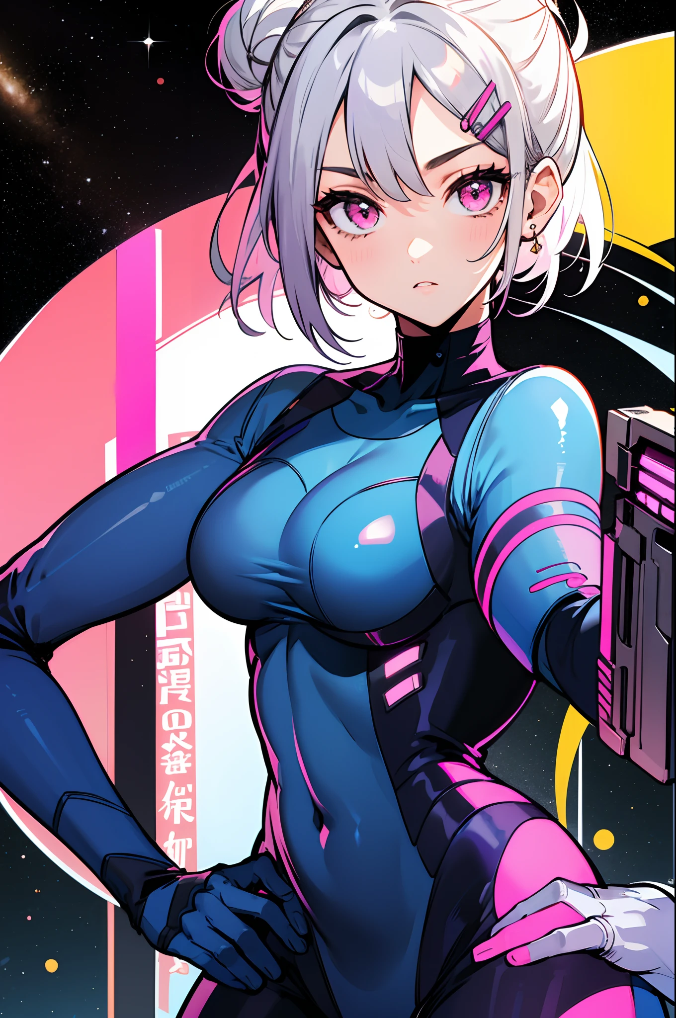 ​masterpiece, top-quality,  Blue bodysuit, The upper part of the body, Look at viewers, Short hairstyle with silver hair and bob, Hair tied in a bun with a hair clip, Pink eyes, have a handgun, Hands on the hips, cosmic space