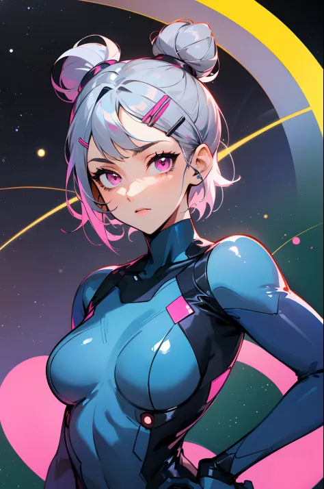 ​masterpiece, top-quality,  Blue bodysuit, The upper part of the body, Look at viewers, Short hairstyle with silver hair and bob, Hair tied in a bun with a hair clip, Pink eyes, have a handgun, Hands on the hips, cosmic space