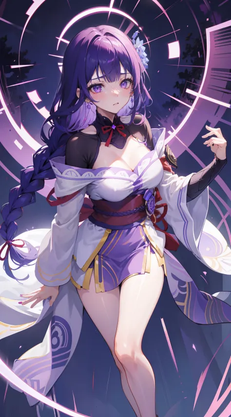 bare legs, （（HighestQuali，tmasterpiece，8k wallpaper）），（（Pale skin，）），1girll，Solo Woman，（（Genshin_impact，Raiden general）），light particules，Purple thunderbolt，Bright background，the cherry trees，purple color-theme，Delicate facial features，Sexy beautiful anime...