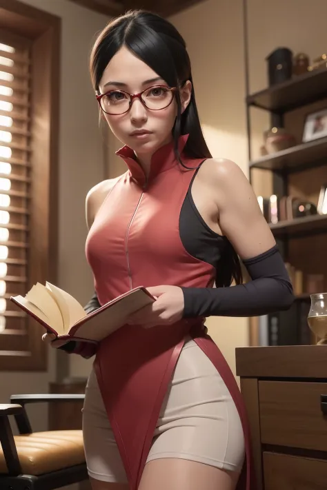 There is a woman in a red and black outfit holding a book, gama murata e artgerm, Irelia de League of Legends, como personagem d...