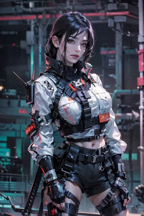 Anime - Stylish woman in white and black costume holding sword, wearing techwear and armor, photography of a techwear woman, very beautiful cyberpunk samurai, cyberpunk style outfit, cyberpunk outfits, Mystical post-apocalyptic cyborg, female cyberpunk ani...