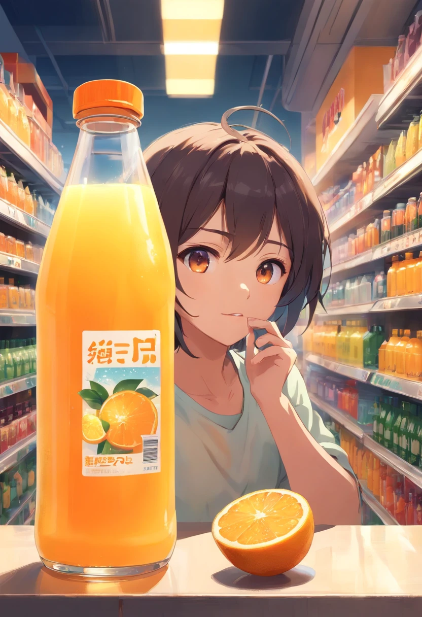 Anime girl with orange juice in a supermarket - SeaArt AI