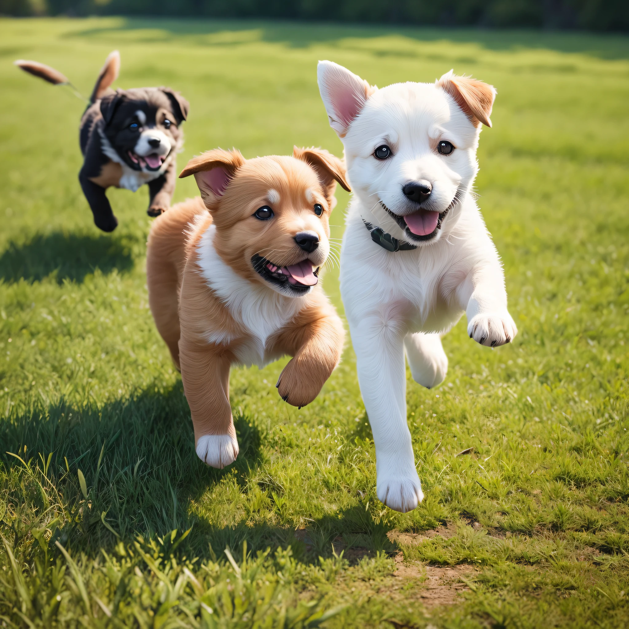 puppies running through a grassy field, photorealistic, 8k, high ...