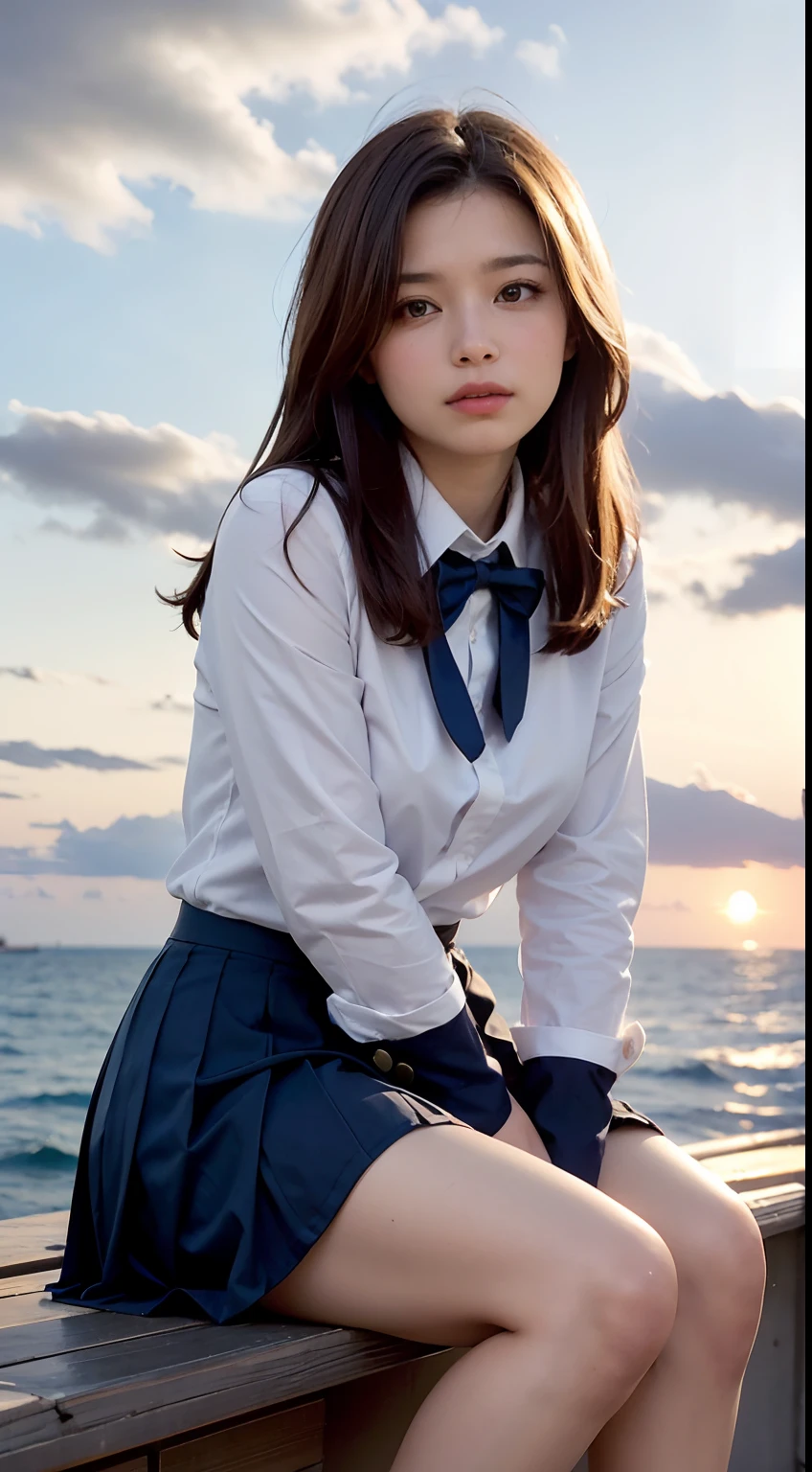 (Best quality, High resolution, Masterpiece :1.3), A pretty woman,
Against the backdrop of an orange-tinted sunset sky with clouds and the sun sinking into the sea, there is a beautiful high school girl in a  sitting. Her hair is light brown, and it’s in a medium bob style. She’s wearing a white blouse and pleated skirt as part of her uniform. She’s sitting with her legs apart, and her gaze is directed towards the camera. Please create this scene from a low-angle shot.