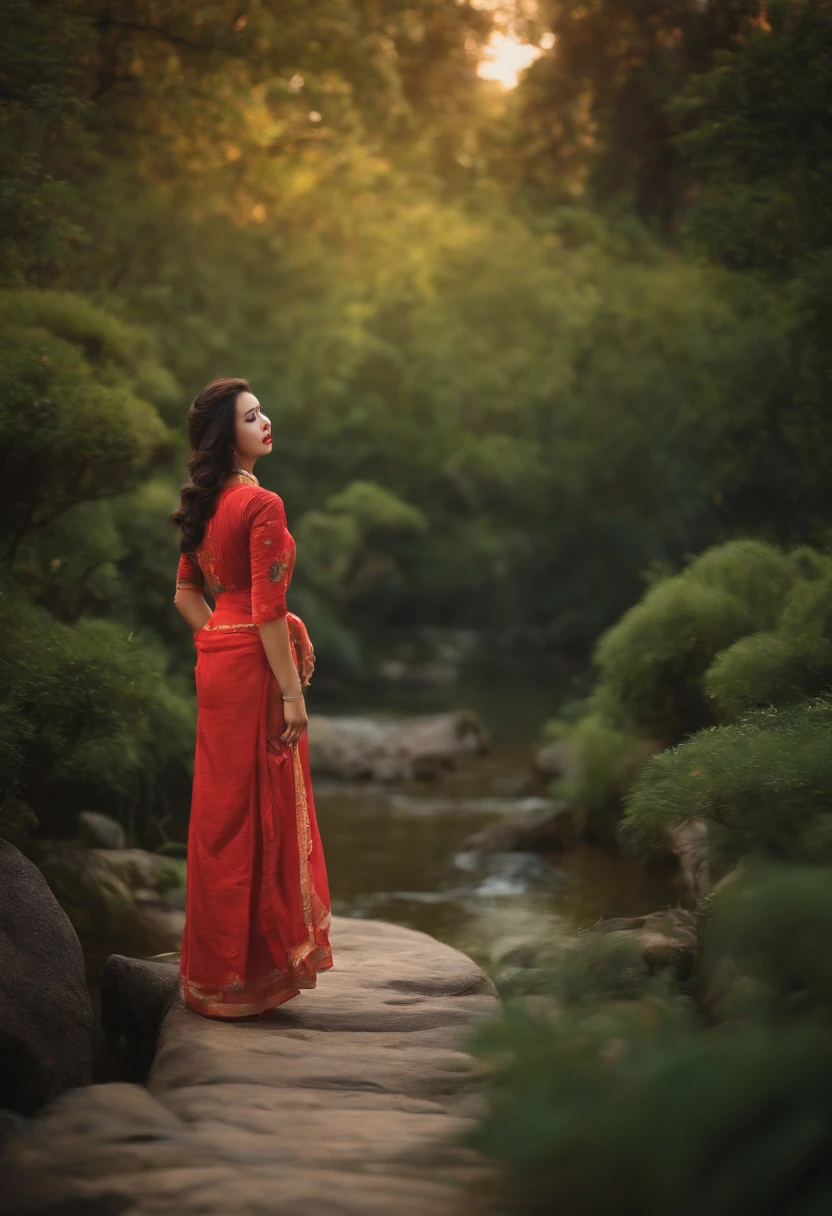 Uma mulher com um vestido vermelho parada em uma pedra em um rio - SeaArt AI