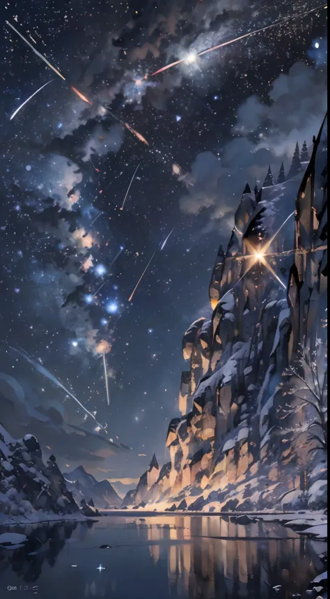 (Desperate meteorite、A huge meteorite is falling:1.8)、((Background with、Winters、snowscape、Silver World、Wide night sky、nighttime scene、Shining stars、Fantastical、shooting stars、Shining stars、Twinkling Stars、constellation、Meteor swarm、Starry sky reflecting of...