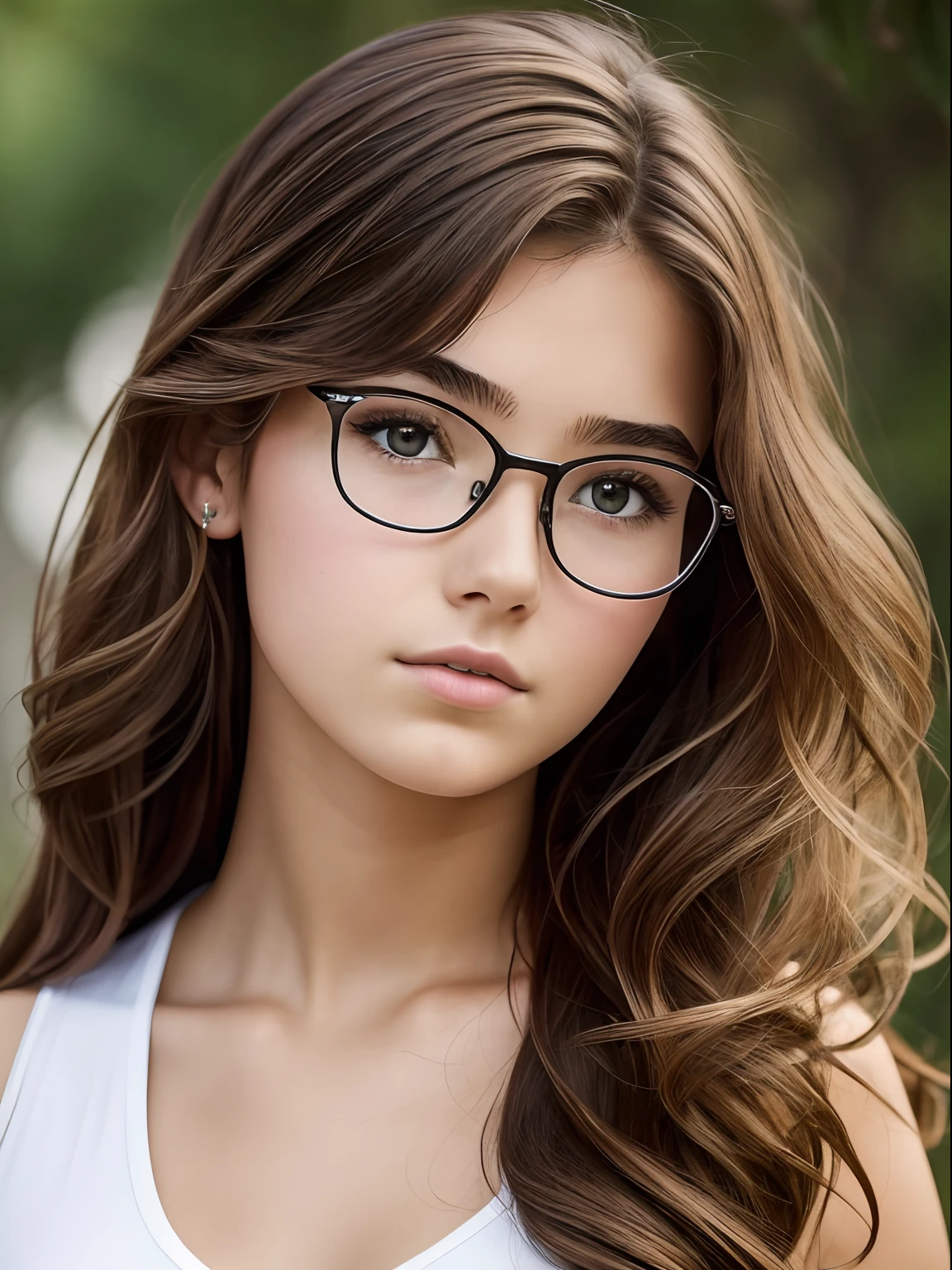 Realistic photo of a 16-year-old girl of European appearance; thick brown hair below the shoulder blades, slightly curly from medium length;;;, Big shiny brown eyes, long eyelashes, eyeglasses, thick eyebrows, Serious, хмурая, A bored look, looks at the camera from under his eyebrows(a slight tilt of the head forward and down), In the look you can read the desire to leave here; Slight embarrassment; Strict office suit; Without cosmetics; Straight posture, Direct view(full face); Professional studio photography with a film SLR camera("Zorkiy-4"), (Photos for documents), Anatomical realism(mandatory observance of the development and proportions of the body in accordance with the specified age (16yo)),,,, hight resolution, detailed skin texture, natural lightin, 8K, Texture of the photo card