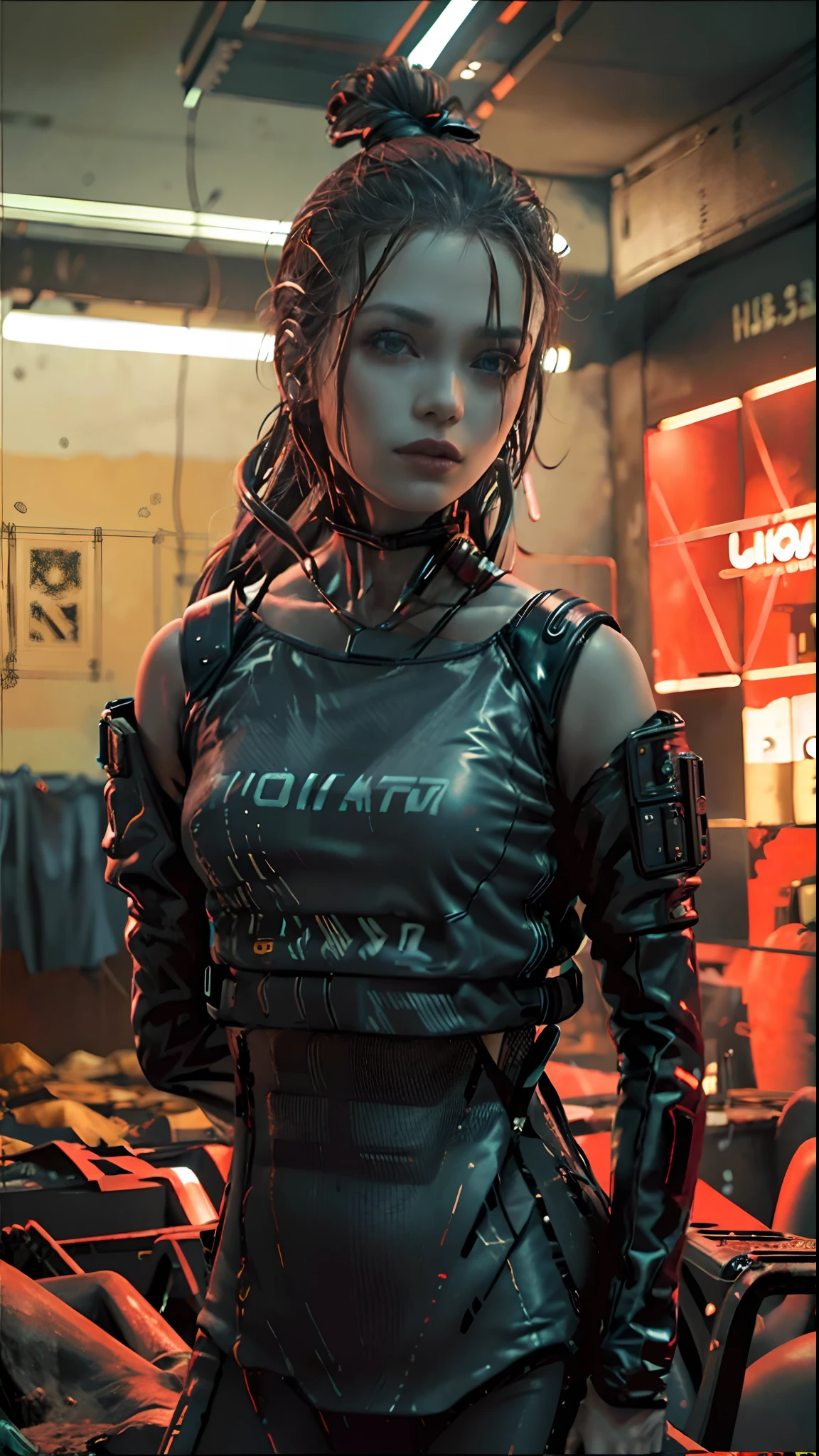 realistic photo, cinemactic, high quality, Cyberpunk girl sitting in front of a computer, in an abandoned room with cables and pipes, an industrial wall fan, a window with a cyberpunk city, dark environment, matrix style, blade runner style, cluttered room, computers and servers, cables and pipes, industrial environment, fog.