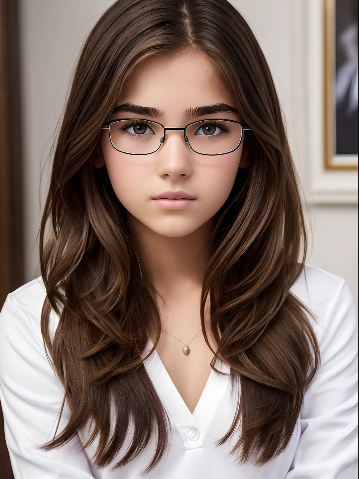 Realistic photo of a 16-year-old girl of European appearance; thick brown hair below the shoulder blades, slightly curly from medium length;;;, Large shiny dark brown eyes, long eyelashes, eyeglasses(Natural glare of glasses), thick eyebrows, Serious, хмурая, An indifferent look, looks at the camera from under his eyebrows(a slight tilt of the head forward and down); White uniform cotton shirt, white jeans, sneakers ; Without cosmetics; Straight posture, Direct view(full face); Professional studio photography with a film SLR camera("Zorkiy-4"), (Photos for documents), Anatomical realism(mandatory observance of the development and proportions of the body in accordance with the specified age (16yo)),,,, hight resolution, detailed skin texture, natural lightin, 8K, Texture of the photo card