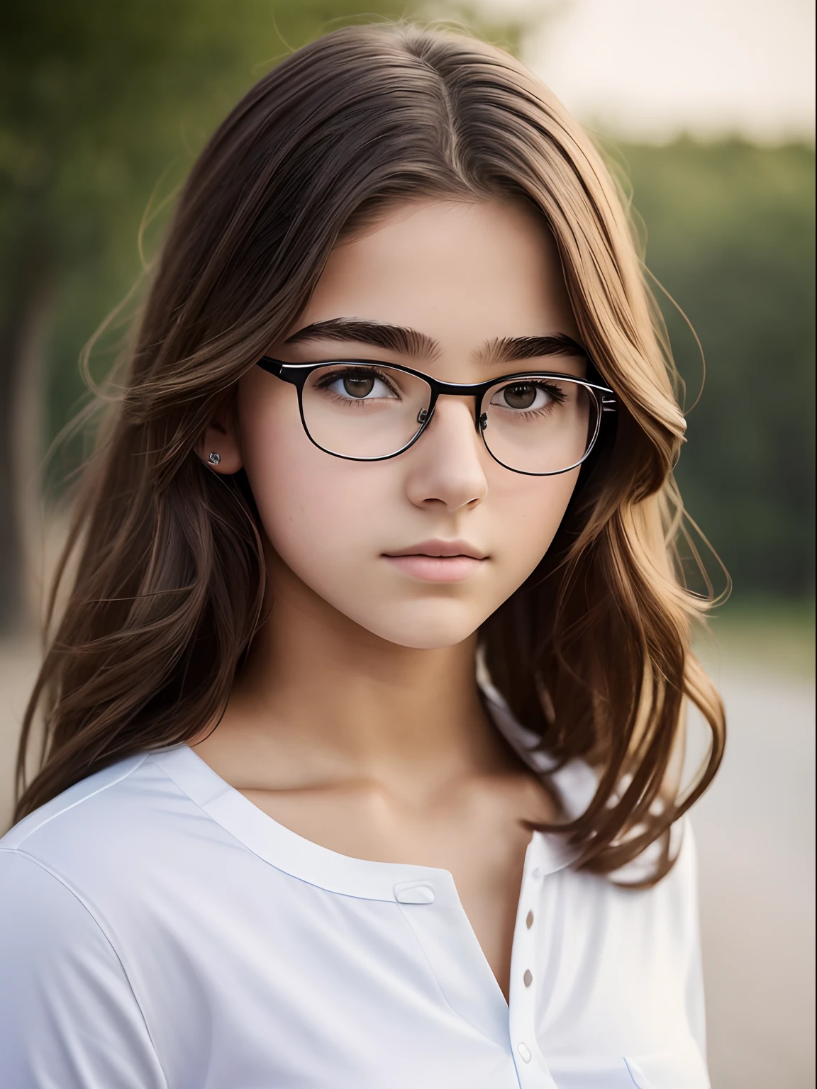 Foto realista de uma menina de aparência europeia; cabelos castanhos grossos abaixo das omoplatas, levemente encaracolado de comprimento médio;;;, Grandes olhos castanhos escuros brilhantes, cílios longos, Óculos(Brilho natural dos vidros), sobrancelhas espessas, Sério, sombrio, Um olhar indiferente, olha para a câmera por baixo das sobrancelhas(uma ligeira inclinação da cabeça para frente e para baixo); Camisa branca do algodão do uniforme, calça jeans branca, tênis ; sem cosméticos; postura reta, visão direta(cara cheia); Fotografia de estúdio profissional com câmera SLR de filme("Zorky-4"), (Fotos para documentos), Realismo anatômico(observância obrigatória do desenvolvimento e proporções do corpo de acordo com a idade especificada (16 anos)),,,, alta resolução, textura detalhada da pele, iluminação natural, 8K, Textura do cartão fotográfico