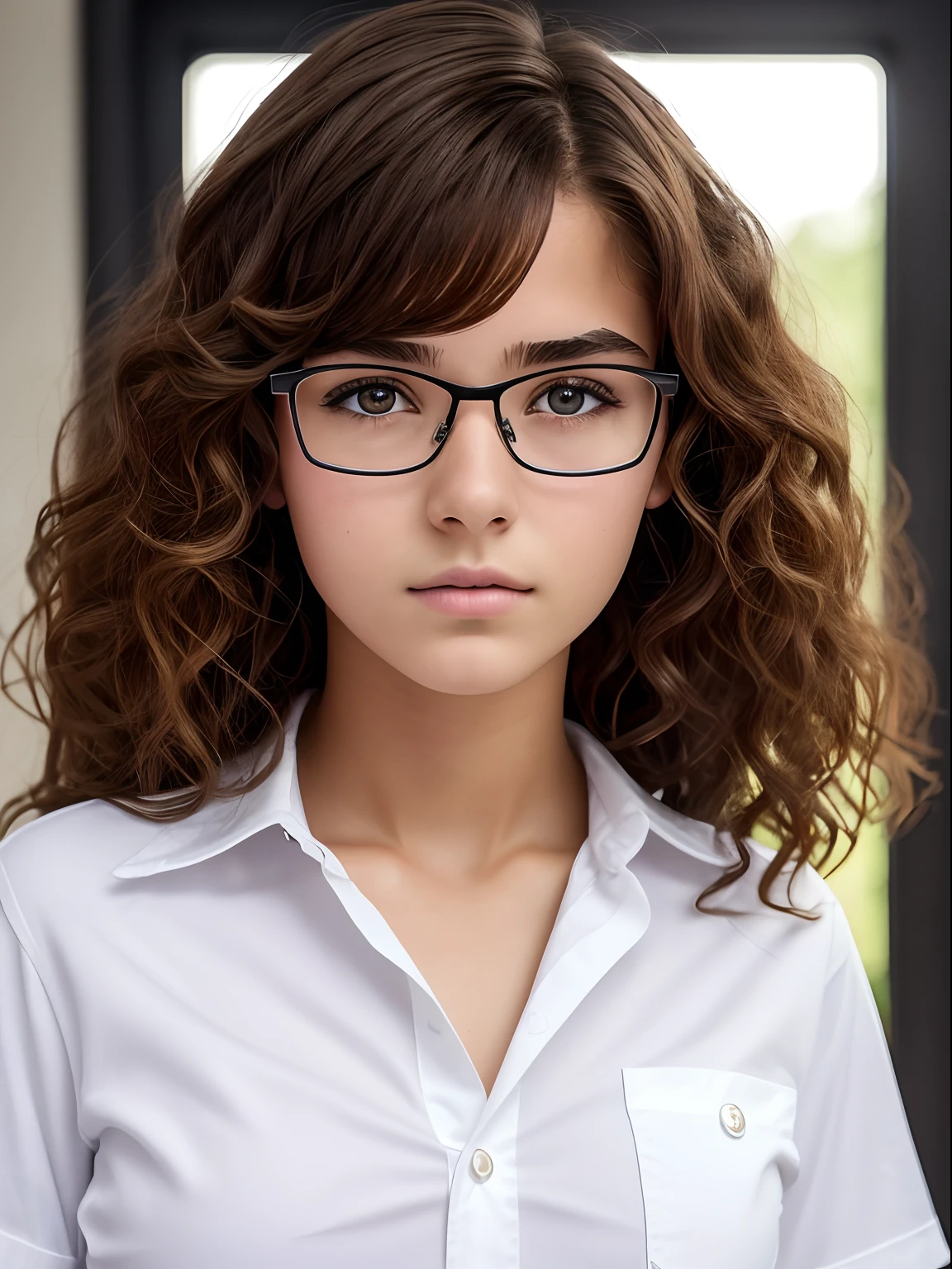 Realistic photo of a 16-year-old girl of European appearance; thick brown hair below the shoulder blades, slightly curly from medium length;;;, Large shiny dark brown eyes, long eyelashes, eyeglasses(Natural glare of glasses), thick eyebrows, Serious, хмурая, Indifferent, heavy, The Penetrating Eye, looks at the camera from under his eyebrows(a slight tilt of the head forward and down); White uniform cotton shirt, white jeans, sneakers ; Without cosmetics; Straight posture, Direct view(full face); Professional studio photography with a film SLR camera("Zorkiy-4"), (Photos for documents), Anatomical realism(mandatory observance of the development and proportions of the body in accordance with the specified age (16yo)),,,, hight resolution, detailed skin texture, natural lightin, 8K, Texture of the photo card