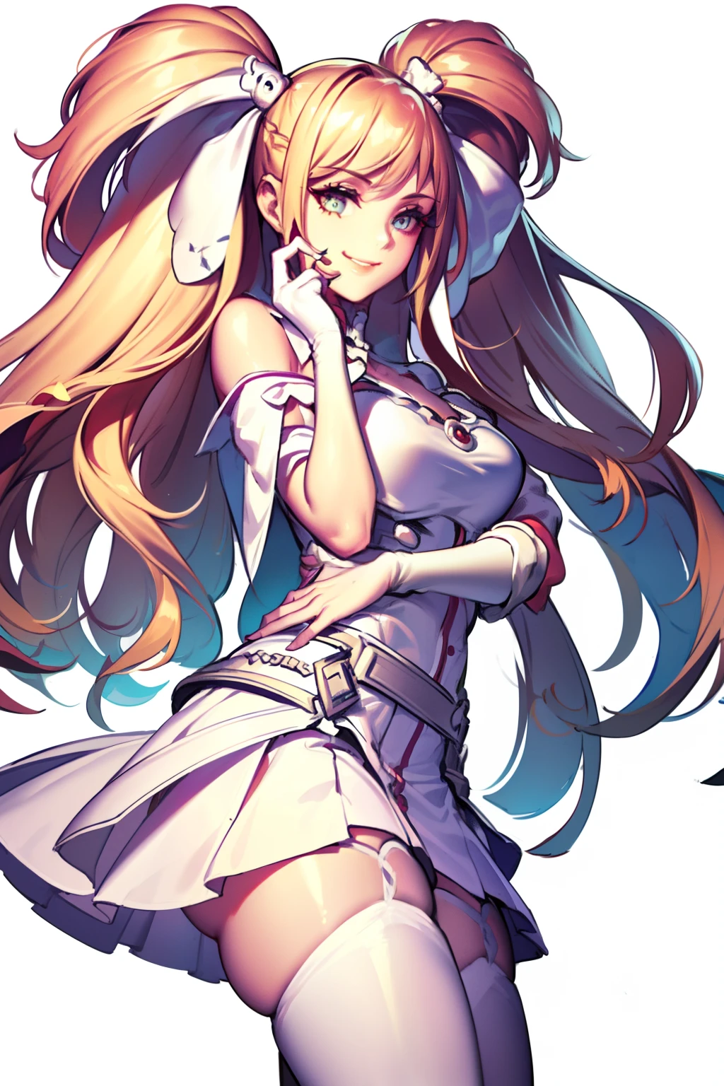 ((masterpiece)), best quality, ultra detailed,(1girl), long hair,beatiful background ,((a dress with white stockings on garters)), breasts, curvy body, smiling